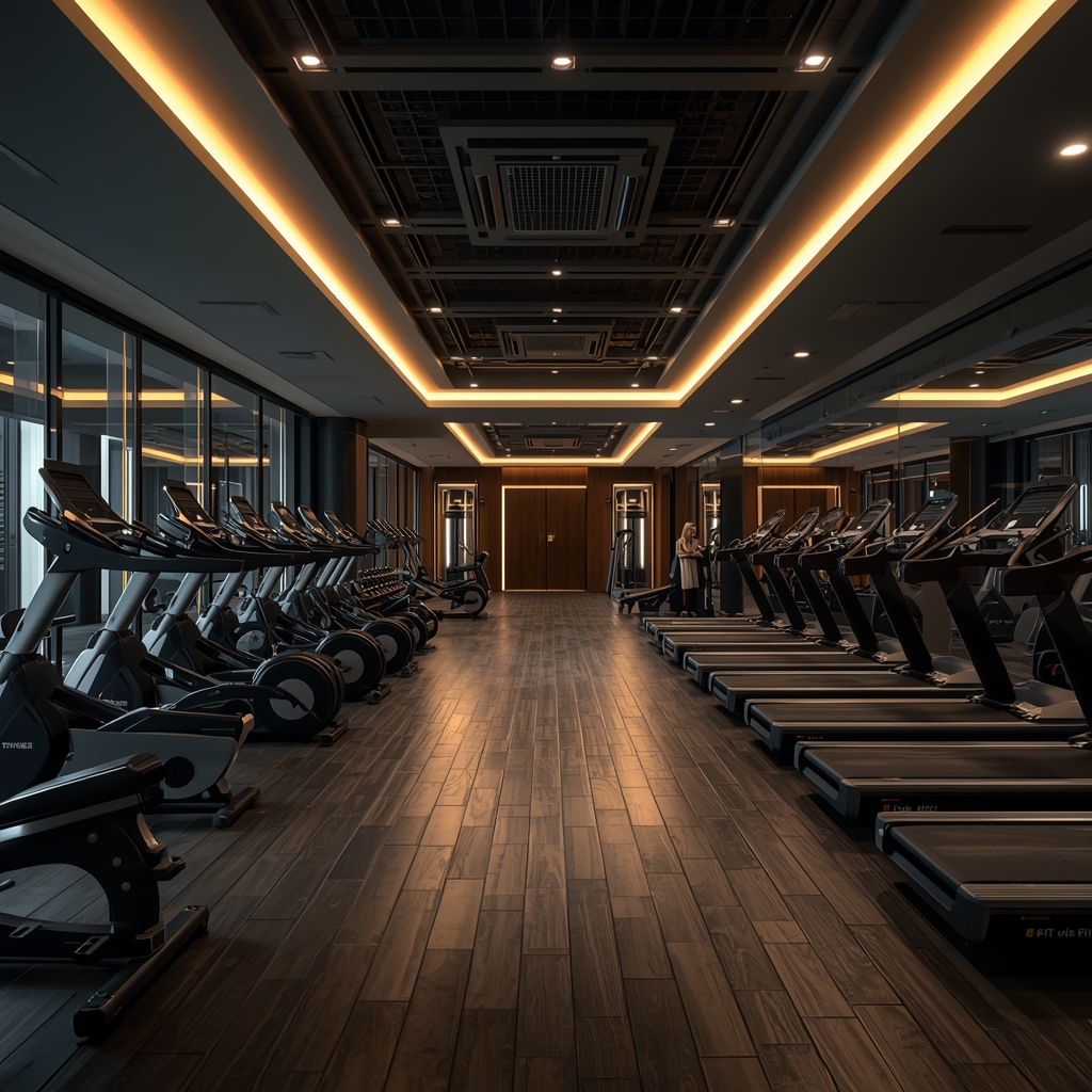 A high-end modern gym interior with state-of-the-art equipment, dramatic lighting, luxury fitness club. (no woman image)